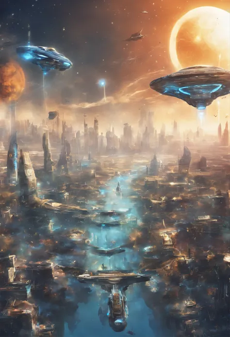 Science fiction book city，Cars fly in the sky，The feeling of a city in the sky，Spaceship，Blue water droplets，k hd