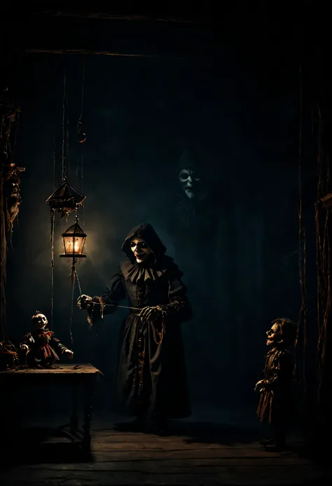 arafed image of a man in a dark room with a puppet, still from a fantasy movie, creepy marionette puppet, an ominous fantasy ill...