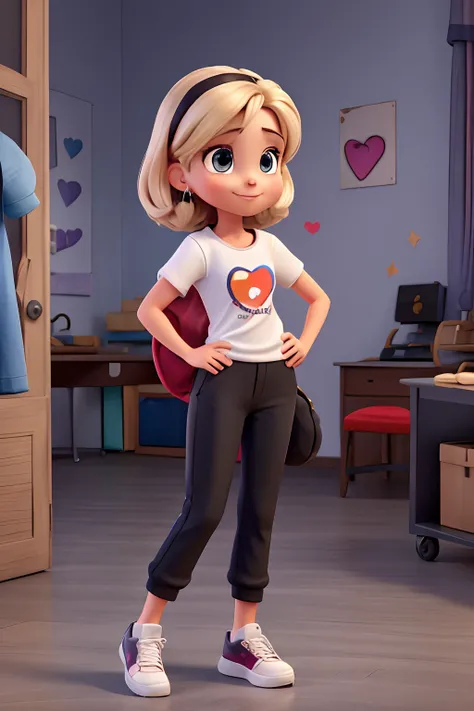 Capa de filme estilo Disney, uma mulher de 23 anos parda com olhos castanhos, cabelo liso castanho, whos wearing a black t-shirt and black pants and a pair of white sneakers, com duas pulseiras rosa no pulso, sorrindo com os dentes, Making heart with hand ...