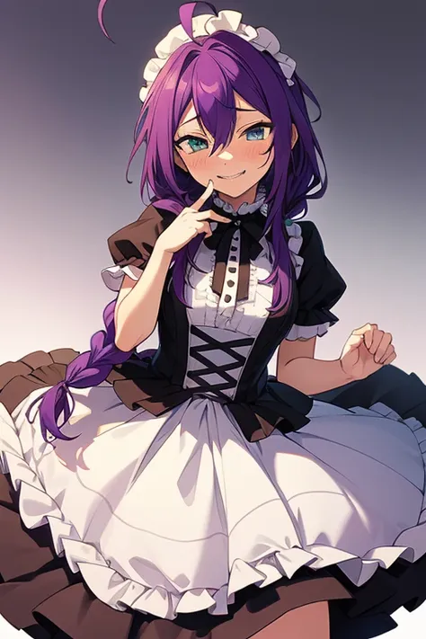 long hair, mole under mouth, purple hair, single braid, hair between eyes, aqua eyes, sharp teeth, ahoge, 1girl, blush, smile, cowboy shot, gothic lolita dress, frilly dress, headdresses