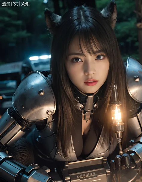 (1 Mechanical Girl)、top-quality、​masterpiece、超A high resolution、(Photorealsitic:1.4)、Raw photo、女の子1人、Fight mutants、glowy skin、(((1 Mechanical Girl)))、With a beautiful knife、（Red Metal Bodysuit）、(Fight goblings、ogre、Fierce battle with orcs),（Fight fiercely ...