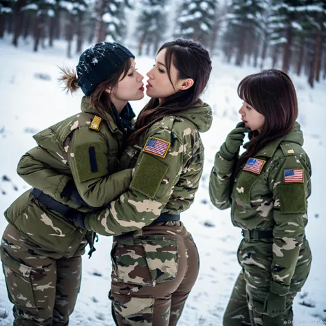 (Photorealistic), Beautiful lighting, Best Quality, Realistic, Full body portrait, real picture, Intricate details, depth of fields, 3 lesbians women kissing and touching asses, In a cold blizzard, Very muscular soldier girl with a haircut, Fatigue of the ...