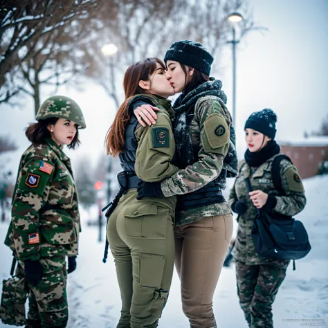 (Photorealistic), Beautiful lighting, Best Quality, Realistic, Full body portrait, real picture, Intricate details, depth of fields, 3 lesbians women kissing and touching asses, In a cold blizzard, Very muscular soldier girl with a haircut, Fatigue of the ...