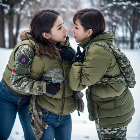 (Photorealistic), Beautiful lighting, Best Quality, Realistic, Full body portrait, real picture, Intricate details, depth of fields, 3 lesbians women kissing and touching asses, In a cold blizzard, Very muscular soldier girl with a haircut, Fatigue of the ...