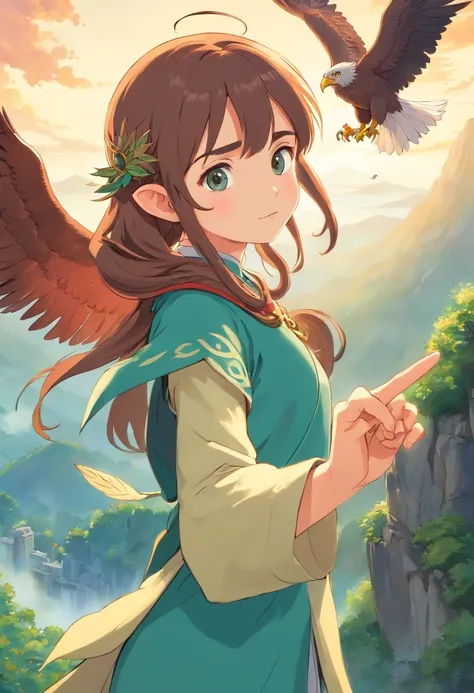 1 The elven girl held out a finger，Point forward，There is an eagle in the sky