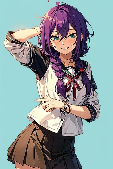 long hair, mole under mouth, purple hair, single braid, hair between eyes, aqua eyes, sharp teeth, ahoge, 1girl, blush, smile, c...