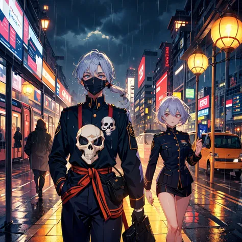 Painel Aranha verso, Scenery at night and raining 
Woman light skin, olhos pretos marcantes com olheiras, Wearing a uniform and a skull mask, cabelo tomboy, segurando uma metralhadora