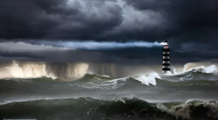 a lighthouse on top of a cliff with a small group of people around it looking out towards a big storm rolling in at them with huge waves