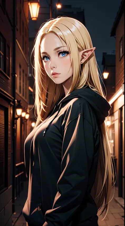 (masterpiece, best quality:1.4), (standing 1.2), 1girl, upper body, wearing streetwear ((hoodie)), blonde_hair, blue_eyes, serio...