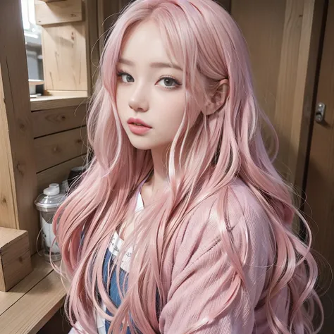 (best quality), [masterpiece], ((beautiful:0.75) cute girl:0.75), [clear and clean], long hair, hair between eyes, wavy hair, pink hair,