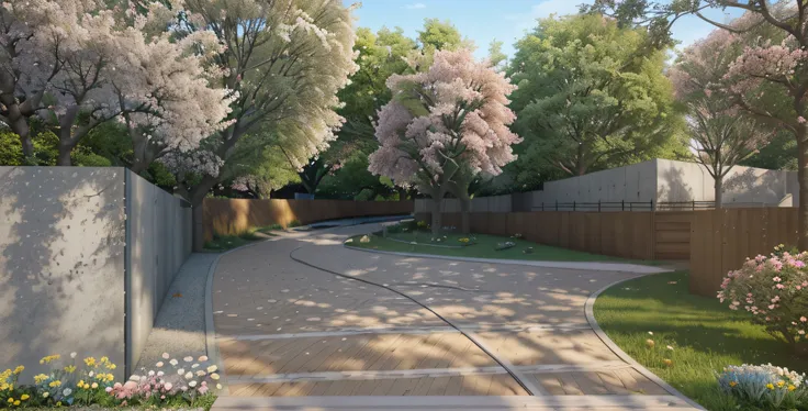 rendering of a park, concrete path, flowers along pathway, wooden wall following all the way down the right, cat sleeping on wooden wall, clear blue sky, daylight, Modern art staue in back, Flowering trees, daylight, bright light, masterpiece, ultra-detail...