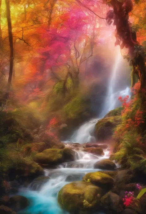 rivulets，rainbowing，jungles，Flowers，mountain spring，steamy，smooggy，fawn，vibrant with colors，Water surface reflection，Real light，super-fine，Hyper-realistic，Ultra photo realsisim，tmasterpiece，8K，on focus，Bokeh，Detailed pubic hair，Hyper-detailing，high qulity，...