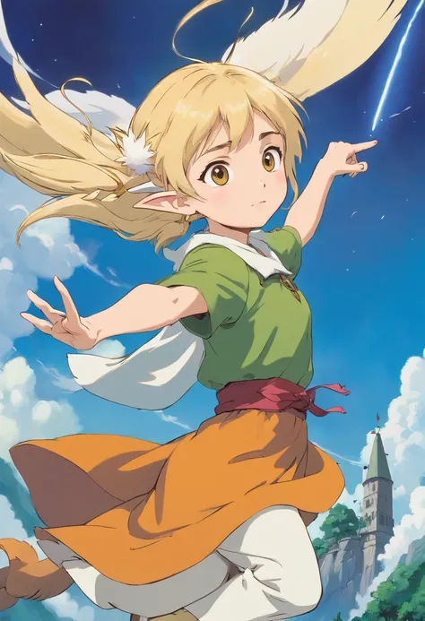 1 The elven girl held out a finger，Point forward，long ear，blond hairbl，There is an eagle in the sky sprinting