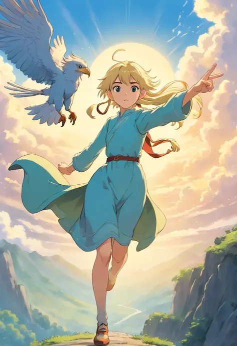 1 The elven girl held out a finger，Point forward，long ear，blond hairbl，There is an eagle in the sky sprinting