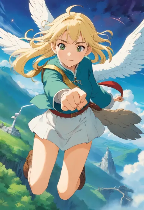 1 The elven girl held out a finger，Point forward，long ear，blond hairbl，There is an eagle in the sky sprinting