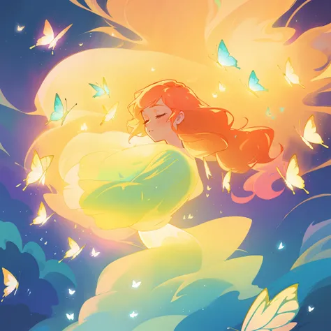 beautiful girl in flowing puffy gradient gold to aqua ballgown, ((glowing butterflies)), flowing sheer sleeves, (gradient yellow to aqua ballgown skirt), long sparkling red hair, delicate gold crown, fantasia background, watercolor illustration, inspired b...