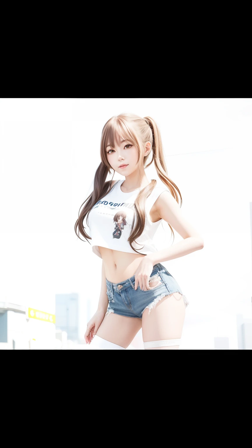 anime girl in short shorts and a white shirt standing in front of a city, urban girl fanart, modern anime style, girls frontline style, at a city street, artwork in the style of guweiz, in a street, standing in the streets, standing in a city center, visua...