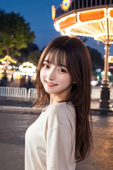 masterpiece, top quality, highly detailed CG Unity 8k wallpaper, cute girl, girlfriend, casual clothes, smile, amusement park, night, detailed background, from the side,