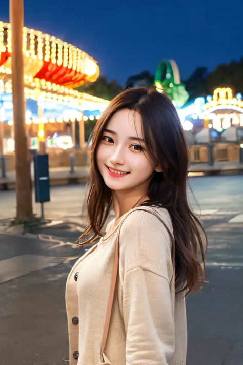 masterpiece, top quality, highly detailed CG Unity 8k wallpaper, cute girl, girlfriend, casual clothes, smile, amusement park, night, detailed background, from the side,