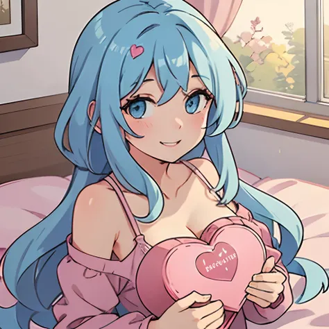 Girl with long light blue hair holding a heart pink box of chocolate in bed, smiling, adult, medium sized breast