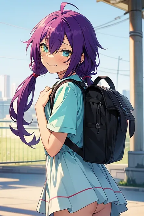 long hair, mole under mouth, purple hair, twintails, hair between eyes, aqua eyes, sharp teeth, ahoge, 1girl, blush, smile, cowb...