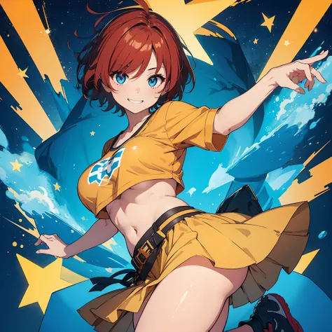 (masterpiece), 1girl, best quality, expressive eyes, perfect face, short hair, messy hair, ahoge, red hair BREAK hair over one eye, blue eye BREAK  Navel, tomboy, orange shirt BREAK large_boobs, yellow skirt BREAK sneakers, smile, grin, abstract background...