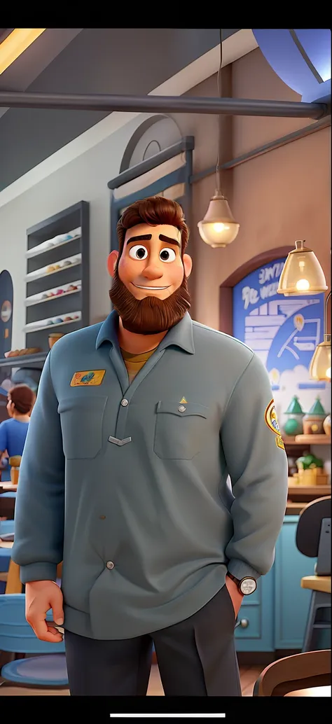 Poster no estilo Disney pixar, alta qualidade, melhor qualidade, homem sexy branco, 30 anos cabelo grisalho barba preta, musculoso, com fundo em um restaurante a luz de velas