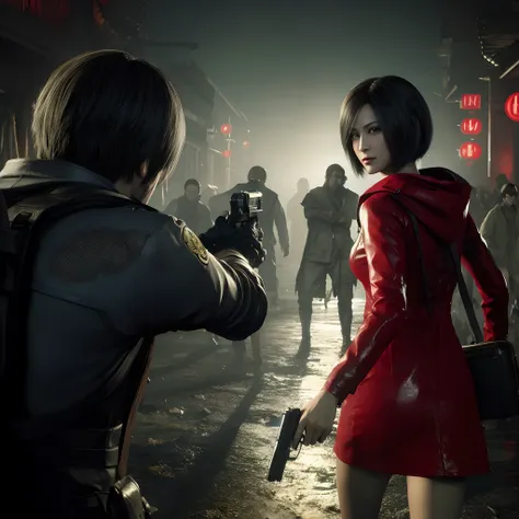 hd, ada wong, beautiful face, bob hair, red coat with black nail polish,  glare, holding a gun