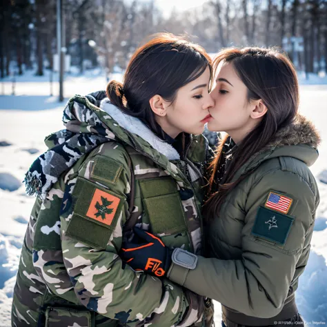 (Photorealistic), Beautiful lighting, Best Quality, Realistic, Full body portrait, real picture, Intricate details, depth of fields, 3 lesbians women kissing , In a cold blizzard, Very muscular soldier girl with a haircut, Fatigue of the army wearing winte...