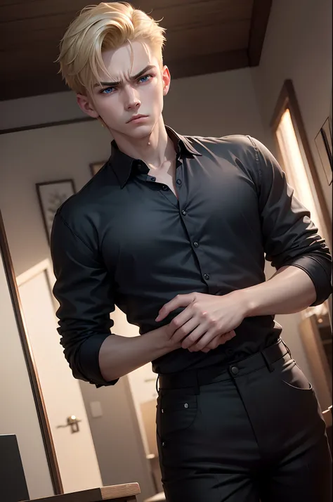 realistic, 8k image of a 15-year-old young man, blond, strong, short hair combed back, blue eyes, square chin, dressed in a black button-down blouse and black pants, angry expression, standing in a living room night, anime style art