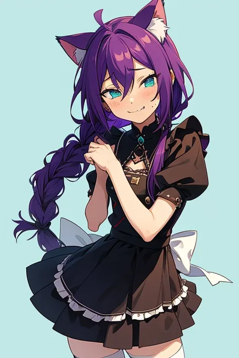 long hair, mole under mouth, purple hair, single braid, hair between eyes, aqua eyes, sharp teeth, ahoge, 1girl, blush, smile, c...