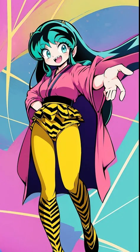 lum, , superhero costume, urusei yatsura, cloak, pants, pullover, kimono,martial pov,, pantyhose, sharpteeth, standing,smile, matial art