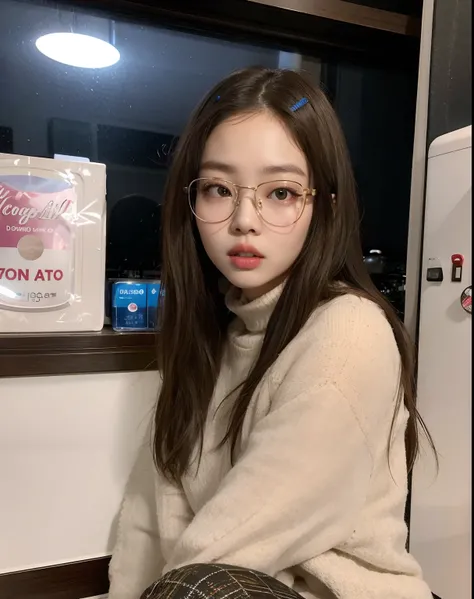 Araffe girl wearing glasses sitting on a counter in front of a refrigerator, jennie blackpink, Jaeyeon Nam, Ulzzang, Heonhwa Choe, menina coreana, With eye Glasses, Kim Doyoung, TaeJune Kim, jossi do blackpink, Retrato de Jossi de Blackpink, Parque Roseann...