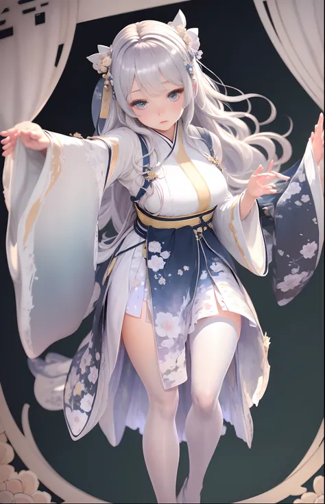 ((Best quality)), ((Masterpiece)), ((Ultra-detailed)), (illustration), (Detailed light), (An extremely delicate and beautiful),A charming young woman,Dramatic perspective,(((Hanfu short skirt))),Long white wavy hair