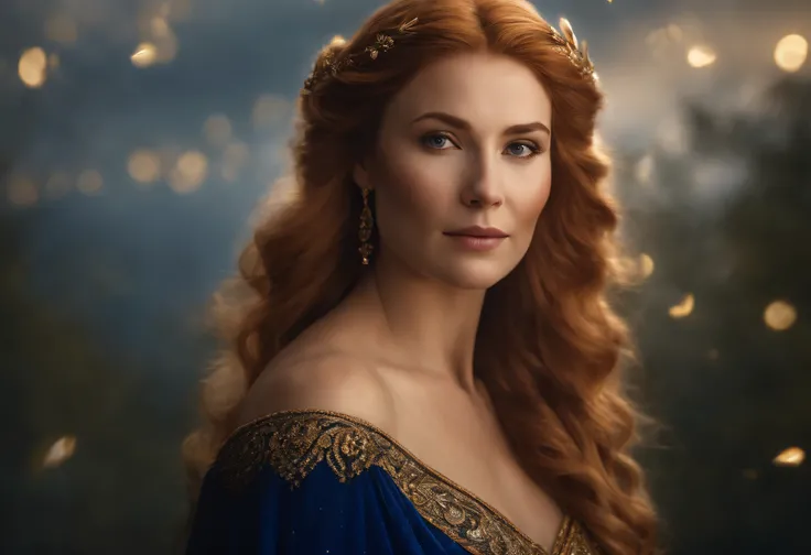 "A majestic portrait of Frigga, the Norse goddess of love and wisdom, in a regal, ethereal setting. She should be depicted with long, flowing auburn hair, wearing a resplendent gown in deep royal blue with intricate, shimmering silver patterns. The lightin...