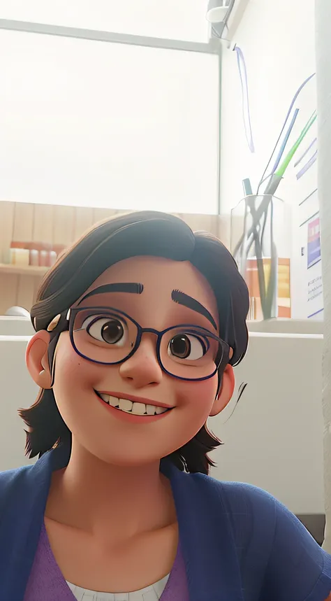 Smiling woman in glasses taking a selfie in a restaurant with short hair, rebecca sugar, Jenna Barton, fernanda suarez, Foto de perfil do headshot, Meredith Schomburg, Valentina Embaralhamento, taken in the early 2020s, Elizabete Saltzman, by Amelia Peláez...