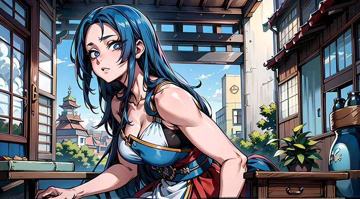 Menina anime sentada em uma mesa, longo cabelo azul marinho, menina anime sedutora, ultra qualidade, 8k ,( beautiful sky:1.1), ( Fundo da arquitetura japonesa:1.15), (extremely high quality, Amazing details:1.4), (sozinho, picturesque backdrop:1.3), (ray t...