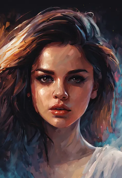 Selena Gomez at the top of the gray tank; Ben Bocchau, Michael Garmash, Daniel F. Gerhartz, Clint Sirley, Carne Griffiths, Jean-Baptiste Mong, Strebeck style, Warm dreamy lighting, Matte background, volumetric lighting, Pulp adventure style, Liquid acrylic...