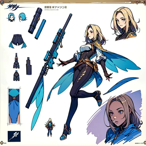 Close-up of a girl in a gun costume, ((character concept art)), ((character design sheet, same character, front, side, back)) maple story character art, video game character design, video game character design, maple story gun girl, expert high detail conc...