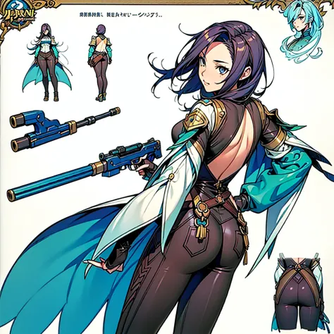 Close-up of a girl in a gun costume, ((character concept art)), ((character design sheet, same character, front, side, back)) maple story character art, video game character design, video game character design, maple story gun girl, expert high detail conc...