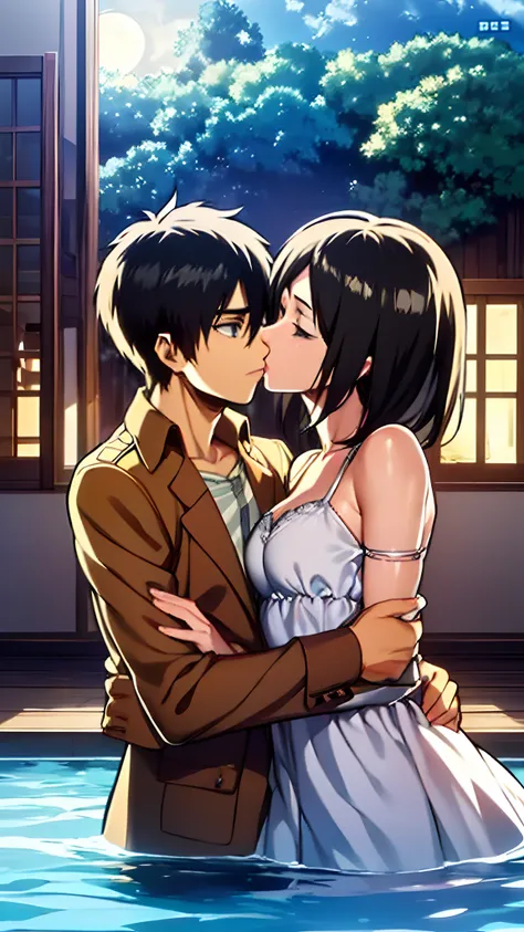 eren yeager (left) and mikasa ackerman (right), in water, kissing, couple, moonlight, romantic, anime wallpaper, perfect lightin...