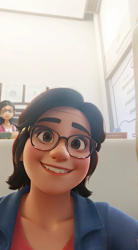 Smiling woman in glasses taking a selfie in a restaurant with short hair, rebecca sugar, Jenna Barton, fernanda suarez, Foto de perfil do headshot, Meredith Schomburg, Valentina Embaralhamento, taken in the early 2020s, Elizabete Saltzman, by Amelia Peláez...