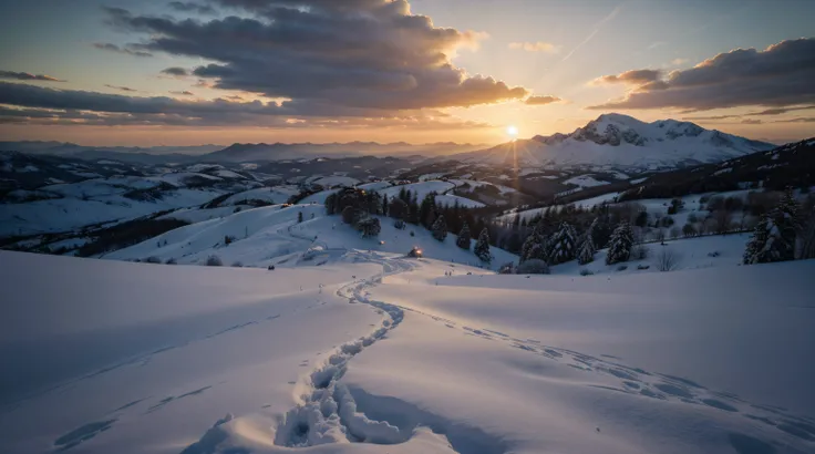 "Please generate an ultra-realistic, high-quality, and full-screen image that portrays a paradisiacal mountain landscape with snow and a stunning sunset. The scene should be exquisitely detailed, and the cinematic style should make it feel like a frame fro...