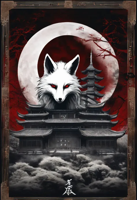 Chinese movie poster，red tint，A huge moon illuminates the entire village，The village is full of snowflakes，The white fox demon with 9 tails spits out a night pearl，Towards the moon，In the lower right corner, There is a house，There are a few faces peeking a...