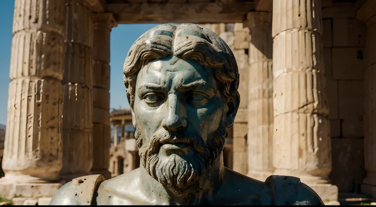 Ancient Stoic Statue With Very Angry Expression, tem barba, muitos detalhes em ambos os olhos, Outside, fundo atenas grego, open sky, com rosto extremamente detalhado full body view, Colors with low saturation with dark tone, Filmado em Sony A7S III com So...