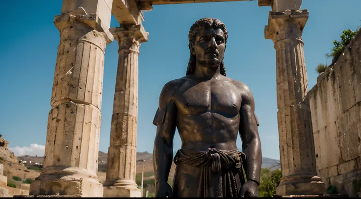 Ancient Stoic Statue With Very Angry Expression, tem barba, muitos detalhes em ambos os olhos, Outside, fundo atenas grego, open sky, com rosto extremamente detalhado full body view, Colors with low saturation with dark tone, Filmado em Sony A7S III com So...