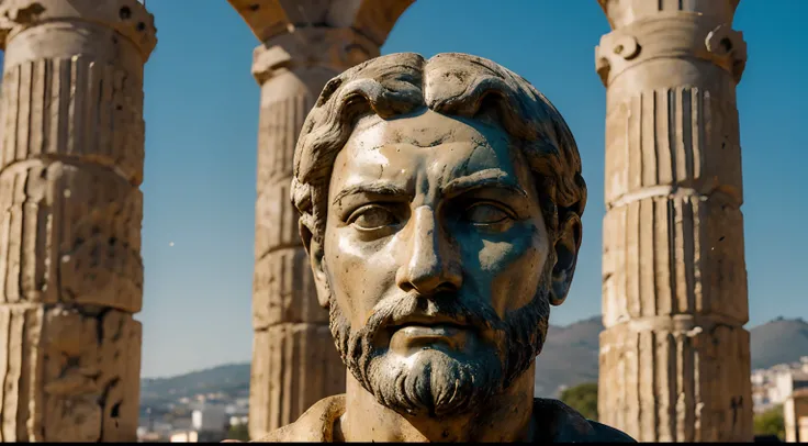 Ancient Stoic Statue With Very Angry Expression, tem barba, muitos detalhes em ambos os olhos, Outside, fundo atenas grego, open sky, com rosto extremamente detalhado full body view, Colors with low saturation with dark tone, Filmado em Sony A7S III com So...