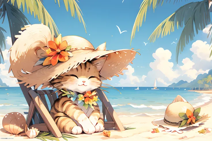 ,(Masterpiece:1.2, high quality),
cat, no humans, flower, hat, outdoors, closed eyes, beach, tree, palm tree, ocean, seashell, boat, straw hat, sky, shell, watercraft, :3, blush, day, hat flower, cloud, sitting, animal, water, sand, closed mouth