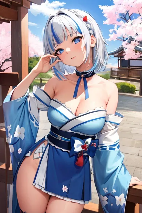 (8k, RAW photo, best quality, masterpiece:1.2),1girl,solo,short hair,blue eyes,gawr gura (hololive),breasts, cleavage,off shoulder,  japanese clothes, outdoors,cherry blossoms,standing, stretch neck, head tilt, looking up, neck shading, exposed sternocleid...