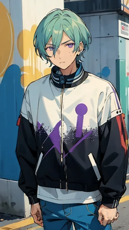 tatsumies, purple eyes, looking at viewer, expressionless, serious face, blue eyes, t-shirt, long sleeves, hair between eyes, white t-shirt, male focus, earrings, pants, outdoors, jacket, graffiti, blue pants, street style, black jacket